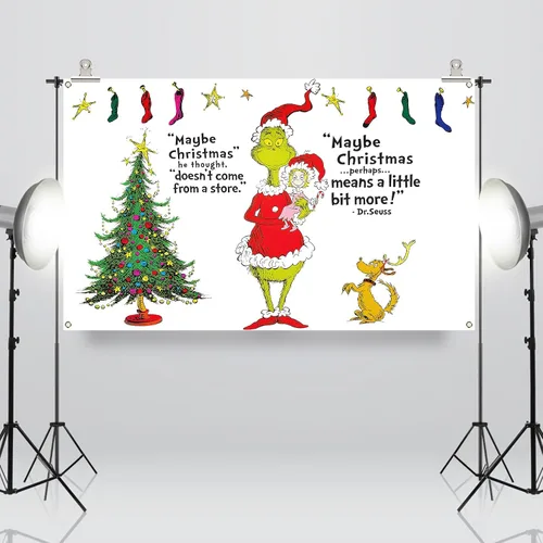 Vista 6 de Sunwer Telón de fondo de Navidad para cabina de fotos, decoración verde de Whoville, telón de fondo de Navidad, fiesta de invierno, decoración