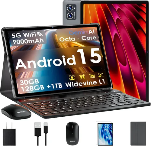 Vista 9 de Tableta 2026 con Android 15 de 10 pulgadas con teclado de 30 GB de RAM + 128 GB de ROM (expansión de 1 TB), pantalla IPS, procesador octa-core