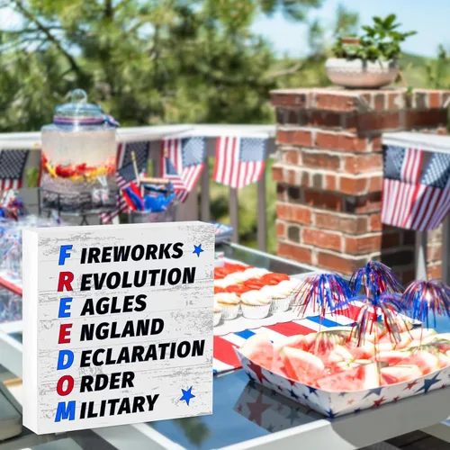 Vista 7 de Letrero patriótico de escritorio con texto en inglés «Happy 4th of July » Fuegos artificiales, Revolución, Águilas, Inglaterra, Declaración