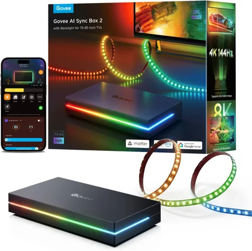 Vista 10 de Govee Caja de sincronización HDMI 2.1 2, Caja de sincronización AI con retroiluminación para TV, compatible con 8K@60Hz, 4K@144Hz, VRR y ALLM