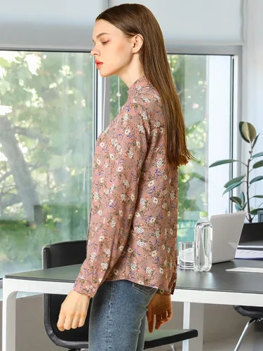 Vista 4 de Allegra K Camisa de manga larga con botones para mujer, blusa floral con cuello en punto
