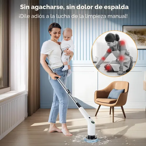 Vista 2 de PUFTEM Cepillo Eléctrico Giratorio, Limpiador de Ducha Inalámbrico con 8 Cepillos de Fregar, 2 Velocidades con Mango de Extensión Ajustable