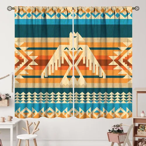 Vista 250 de Cortinas con patrón geométrico tribal, estilo suroeste, azteca, rústico, occidental, nativo americano, opacas, con bolsillo para barra, decoración