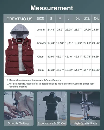 Vista 21 de CREATMO US Chaleco cálido para mujer, chaleco grueso acolchado sin mangas con capucha desmontable