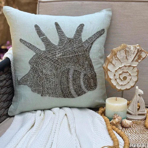 Vista 2 de The HomeCentric Funda de cojín para sofá, 12 x 12 pulgadas, funda de almohada decorativa cuadrada de lino azul claro con zardozi y cuentas bordadas