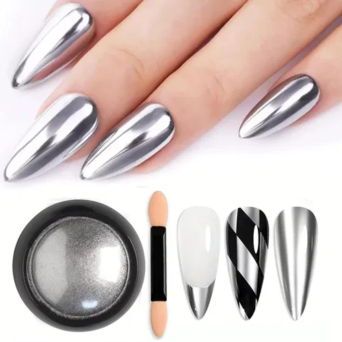 Vista 9 de Polvos holográficos de espejo para uñas, efecto dorado cromado, lentejuelas de polvo metálico puro, gel UV, pigmento de polvo cromado negro