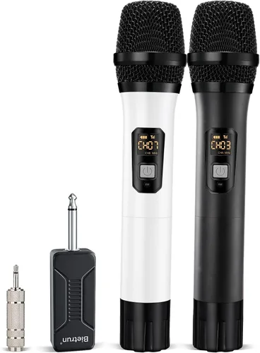 Vista 11 de Bietrun Micrófono inalámbrico, juego profesional de micrófonos UHF de metal, de mano, doble, inalámbrico, dinámico, con receptor recargable, salida