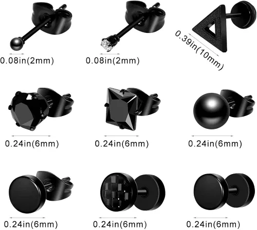 Vista 2 de ONESING 10-15 pares de aretes para hombre, aretes negros de acero inoxidable para hombres y mujeres, juego de aretes de piercing para hombre, Acero