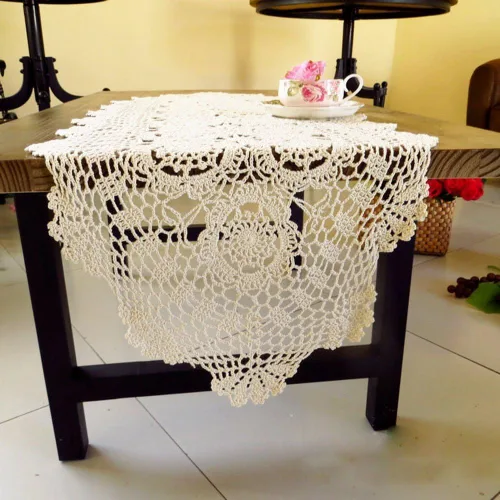 Vista 5 de KEPSWET Camino de mesa ovalado de encaje de ganchillo hecho a mano de algodón para mesa de café, mesa de café, soporte de TV, decoración beige 14 x