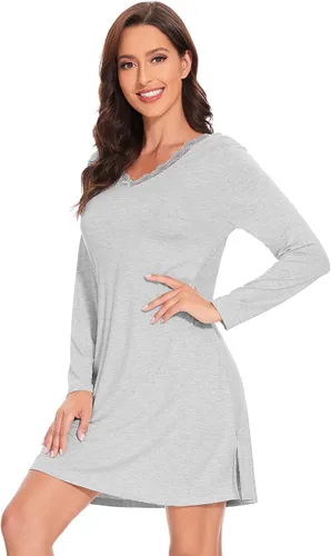Vista 3 de WiWi Camisones de viscosa de bambú para mujer, camisas de dormir de manga larga, pijamas suaves S-XXL