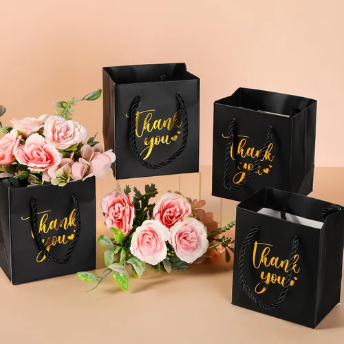 Vista 4 de Honoson - 60 mini bolsas de regalo de agradecimiento con asa a granel de 4 x 2.75 x 4.5 pulgadas, pequeña bolsa de papel de aluminio para envolver