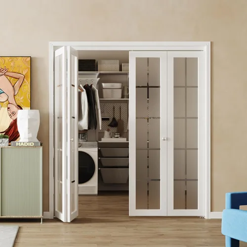 Vista 19 de BARNER HOME Puerta de armario, puertas plegables Full Lite con panel de vidrio estriado, fácil montaje, puertas plegables con kits de herrajes