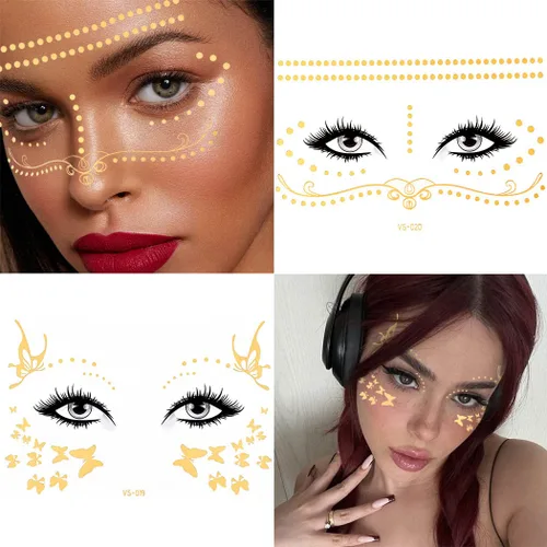 Vista 3 de Uranian Calcomanías temporales para tatuajes faciales dorados, pecas para mujeres, transferencia de mariposas, tatuajes metálicos, estilos mixtos