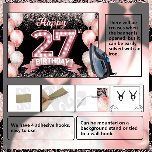Vista 221 de Cartel de feliz cumpleaños décimo oro rosa, telón de fondo, saludos a 10 años, globos de confeti, decoración temática para niñas de 10 años