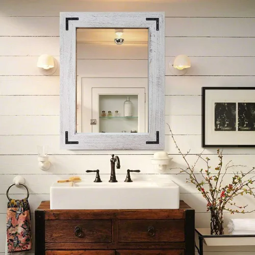 Vista 10 de YOSHOOT Espejo de pared con marco de madera rústica, espejo de tocador de baño de madera natural para decoración de granja, colgante vertical u Negro