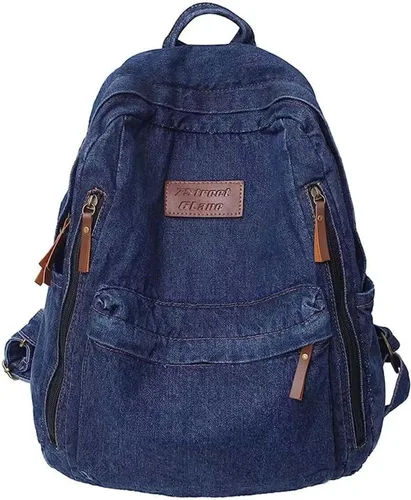 Vista 8 de Mochila de mezclilla para mujeres y hombres, mochila vintage estilo grunge, mochila para computadora portátil, mochila retro para viajes y trabajo