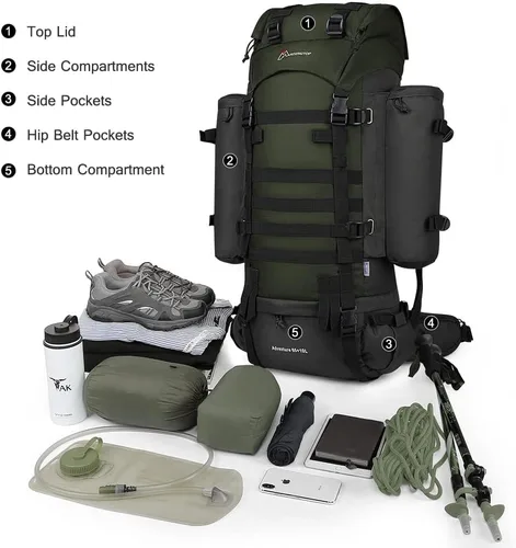 Vista 6 de Mardingtop Mochila de marco interno de 65L+10L para senderismo, camping, caza, mochila de mochilero con cubierta de lluvia
