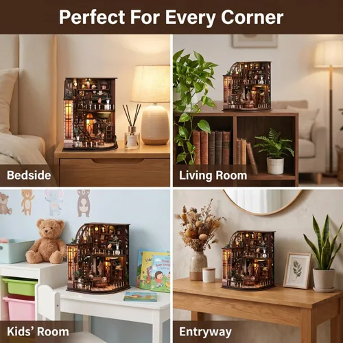 Vista 6 de FERAHI Kits de rincón de libros para adultos, decoración de rincón de libros con luz LED, kit de casa en miniatura, rompecabezas de madera 3D, kit