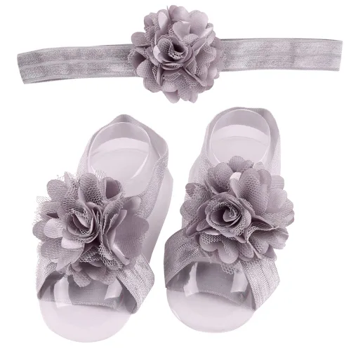 Vista 5 de 8 pares de diademas de flores de satén y sandalias descalzas para bebés y niñas pequeñas (8 pares S1)