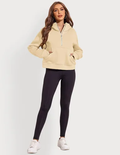 Vista 4 de Zeagoo Sudaderas con capucha corta con media cremallera para mujer, de forro polar, manga larga, para otoño e invierno con bolsillos