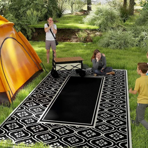 Vista 16 de Outsunny Alfombra de exterior para patio impermeable 9' x 18' rombo negro y Borde rombo negro y gris