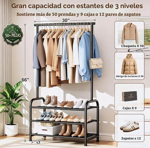 Vista 3 de MISSLO Estantes para ropa resistentes para colgar ropa con 3 estantes, estante para ropa resistente con almacenamiento para zapatos para abrigos
