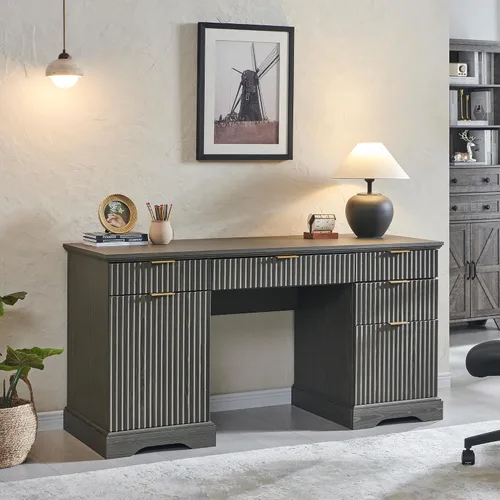 Vista 15 de JXQTLINGMU Escritorio ejecutivo moderno de 58 pulgadas con almacenamiento, escritorio de madera para oficina en casa con 5 cajones y 1 gabinete