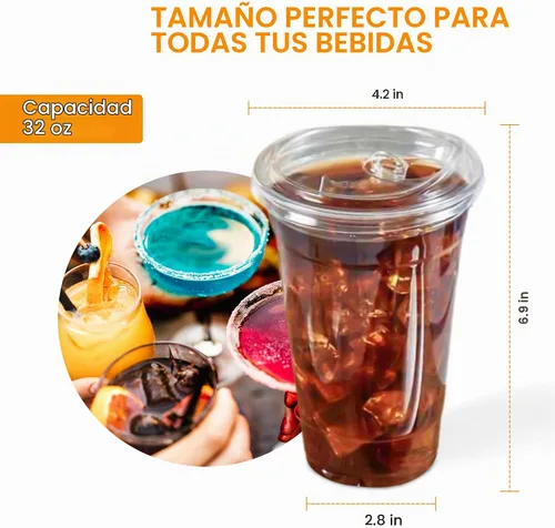 Vista 5 de Vasos de plástico transparente de 32 oz gruesos con tapas y pajitas, reutilizables, desechables vasos para café helado para batidos, cerveza