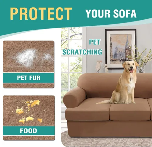 Vista 2 de Funda de sofá de forro polar con cojín en T, juego de 4 fundas de sofá suaves con 3 fundas de cojín individuales, protector de muebles elástico
