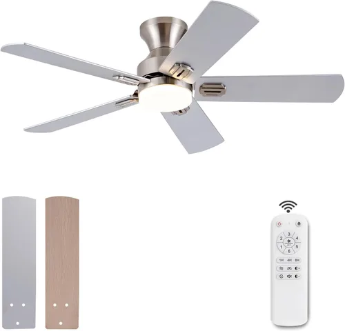 Vista 2 de Ventiladores de techo de níquel cepillado de 42 pulgadas con luces y control remoto, ventilador de techo moderno de bajo perfil para interiores