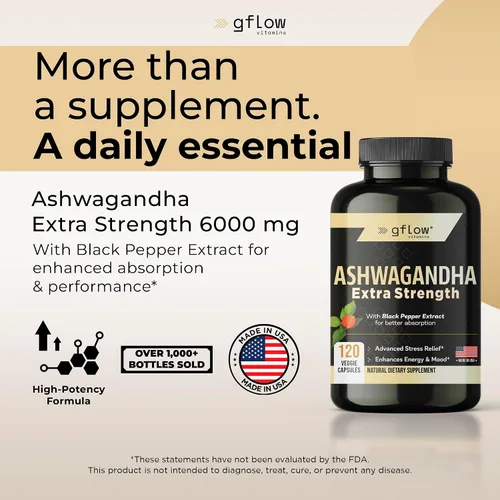 Vista 2 de gflow vitamins Suplementos de Ashwagandha para mujeres y hombres 6000mg Apoyo para el sueño, el estado de ánimo y la energía Fuerza extra