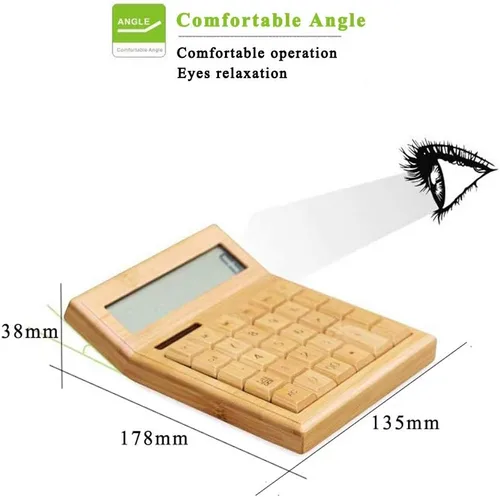 Vista 2 de Omio Calculadora solar de bambú natural, calculadora de escritorio de madera multifuncional de 12 dígitos con 29 teclas grandes, herramienta