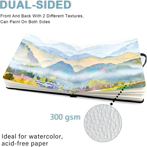 Vista 4 de E-WEICHEN 5x5 Cuadernos de acuarela de tela portátiles hechos a mano con tapa dura de tela cosida para viajes Papel para acuarela de 140LB/300gsm 20