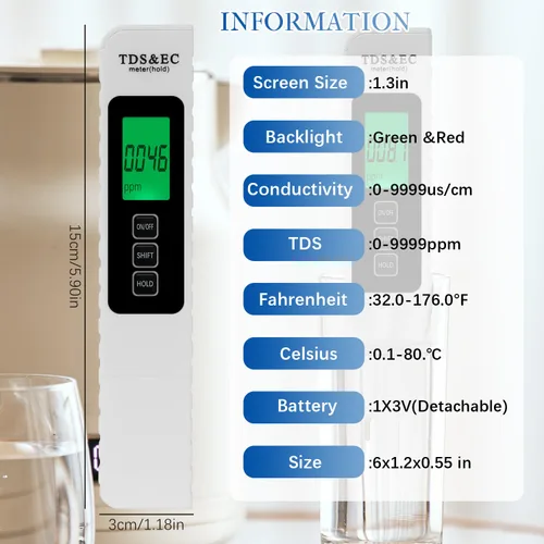 Vista 3 de Probador digital de calidad de agua 4 en 1,2025 NewTDS/EC/Temperatura (°C/°F)Medidor,Medidor 0-9990 PPM,Probador de agua para agua potable Sistema