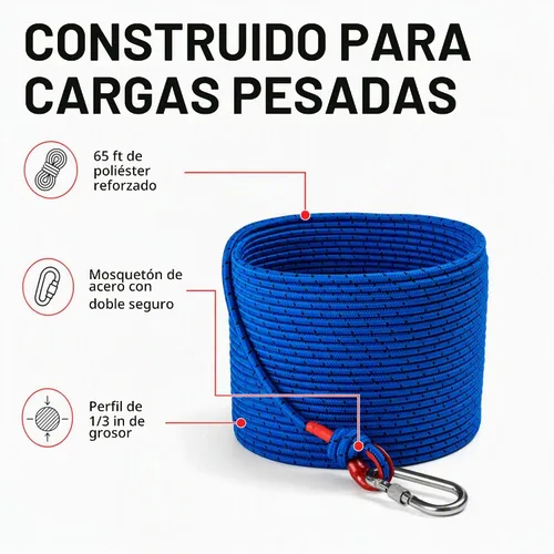 Vista 3 de Cuerda de pesca magnética con mosquetón, fuerza de 1200 libras, 1/3 pulgada