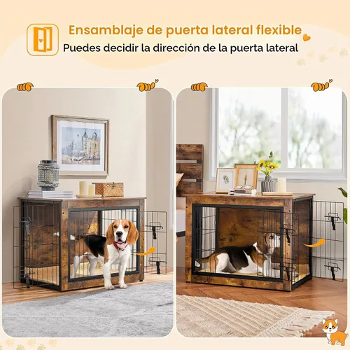 Vista 5 de Yaheetech 32" Mesa auxiliar de jaula para perros con cojín, jaula de madera para perros con puertas dobles/pies ajustables, mesa auxiliar lateral