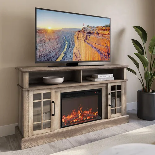 Vista 15 de BELLEZE Mueble TV, 48 pulgadas, con chimenea eléctrica funcional de 18 pulgadas, moderno, para TV de máx. 50 pulgadas, estantes abiertos y armarios