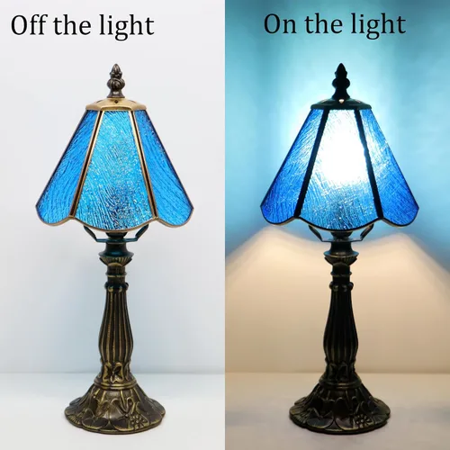 Vista 4 de Tiffany Style Table Lamp Blue Rippled Stained Glass Lamp 14 Inch Small Lamp,Desk Lamps,6X6X14 Inch,Bronze Resin Base, Antique Lamp,Mini Accent