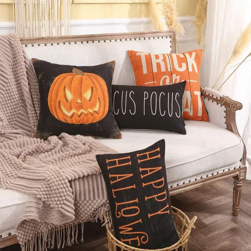 Vista 2 de TRENDIN Funda de almohada de Halloween de 12 x 20 pulgadas para sofá, decoración de Halloween, funda de cojín lumbar de lino Hocus Pocus, funda