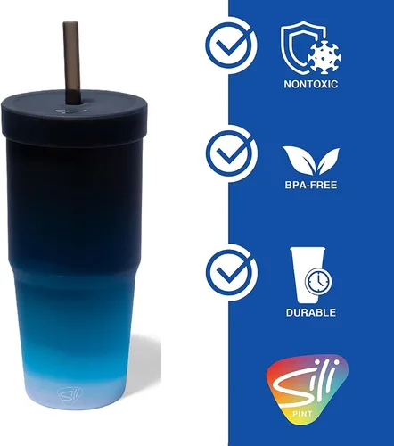 Vista 3 de Silipint: Vasos de silicona con pajita de 32 onzas: paquete de 2 vasos Moon Beam – Vaso irrompible reutilizable, flexible, sostenible