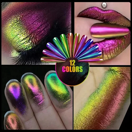 Vista 3 de Polvo de uñas holográfico cromado brillante con diamantes, polvo metálico con purpurina reflectante efecto galaxia mágica para arte de uñas