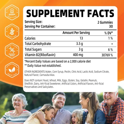 Vista 3 de Gomitas de vitamina B2 Riboflavina 400 mg Vitamina B2 400 mg masticable para adultos y niños, alivio de la migraña y apoyo de energía y sistema