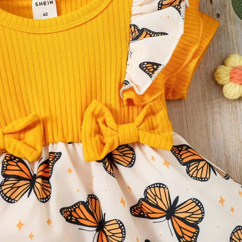 Vista 5 de Conjunto de 2 piezas de ropa de verano para bebé recién nacida, manga corta, estampado de mariposas, con tirantes acanalados, diadema