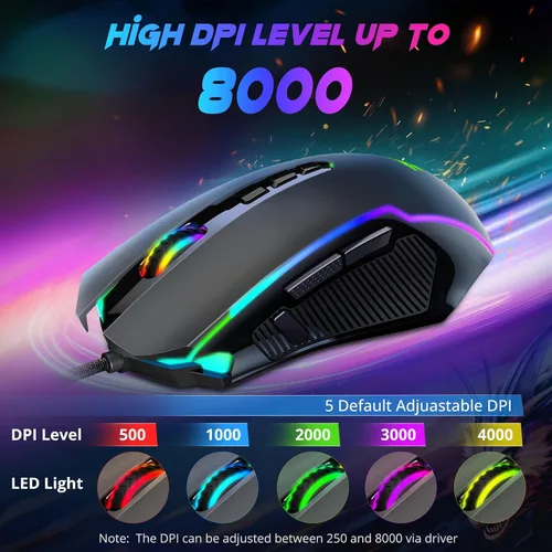Vista 3 de Redragon Mouse para juegos, mouse para juegos con cable con retroiluminación RGB, 8000 DPI ajustable, mouse con 9 botones macro programables y botón