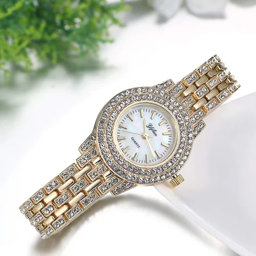 Vista 5 de JewelryWe Women Watches Gold Tone Alloy Rhinestone Quartz Watch Stylish Bling Dress Watch Wristwatches for Christmas