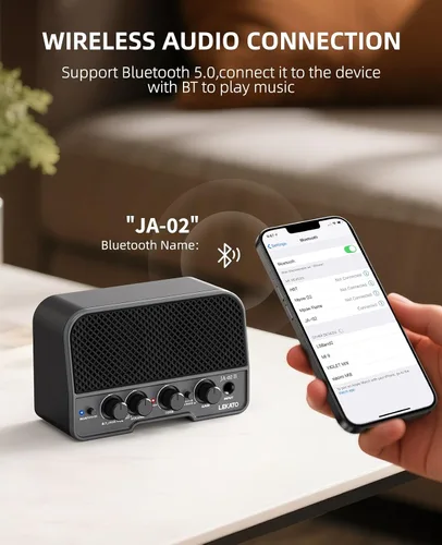 Vista 4 de LEKATO Mini amplificador de guitarra eléctrica recargable de 5 W, canales limpios/sobremarchados, amplificador pequeño portátil para práctica