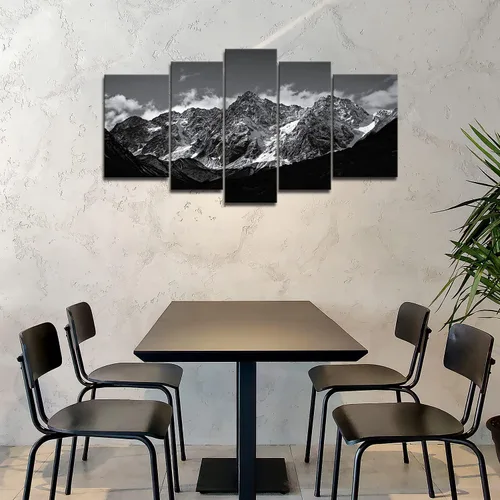 Vista 3 de Lienzo decorativo para pared, diseño de montaña en blanco y negro, paisaje de montaña, 5 piezas, impresiones sobre lienzo, arte moderno con marco