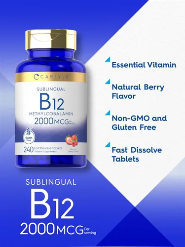 Vista 4 de Carlyle Vitamina B12 de 2000 mcg 240 tabletas de disolución rápida Metilcobalamina sublingual Sabor a bayas Suplemento vegetariano, sin OMG