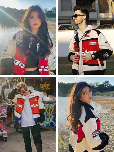 Vista 4 de Aelfric Eden Chaqueta de motocicleta para hombre, chaqueta de béisbol Blackair Moto Varsity para mujer, abrigos vintage