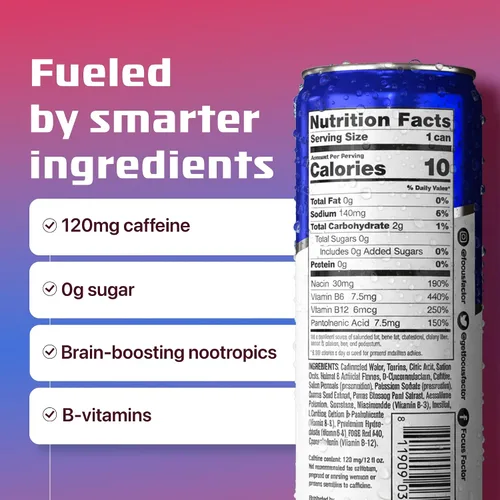 Vista 2 de Bebida energética Focus Factor - 12 latas de 355ml (sabor ponche de frutas) - con Focus + Energía - Ligeramente carbonatada, sin azúcar, bajas